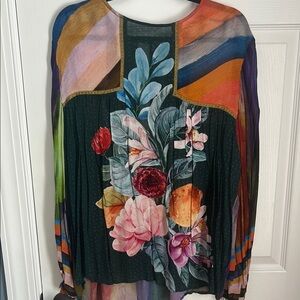 Anthropologie Blue and Orange Long Sleeve Graphic Blouse